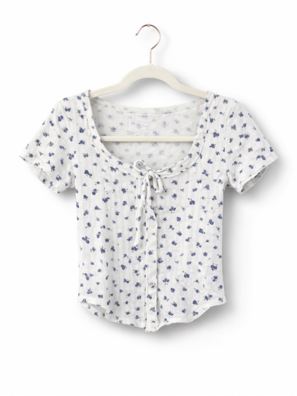 aerie White and Blue Floral Knit Button Down Top